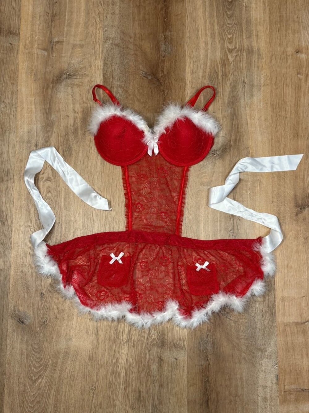 Body Rage Red Sheer Lace Santa Lingerie Babydoll Dress W/ Faux Fur Trim & Ribbon